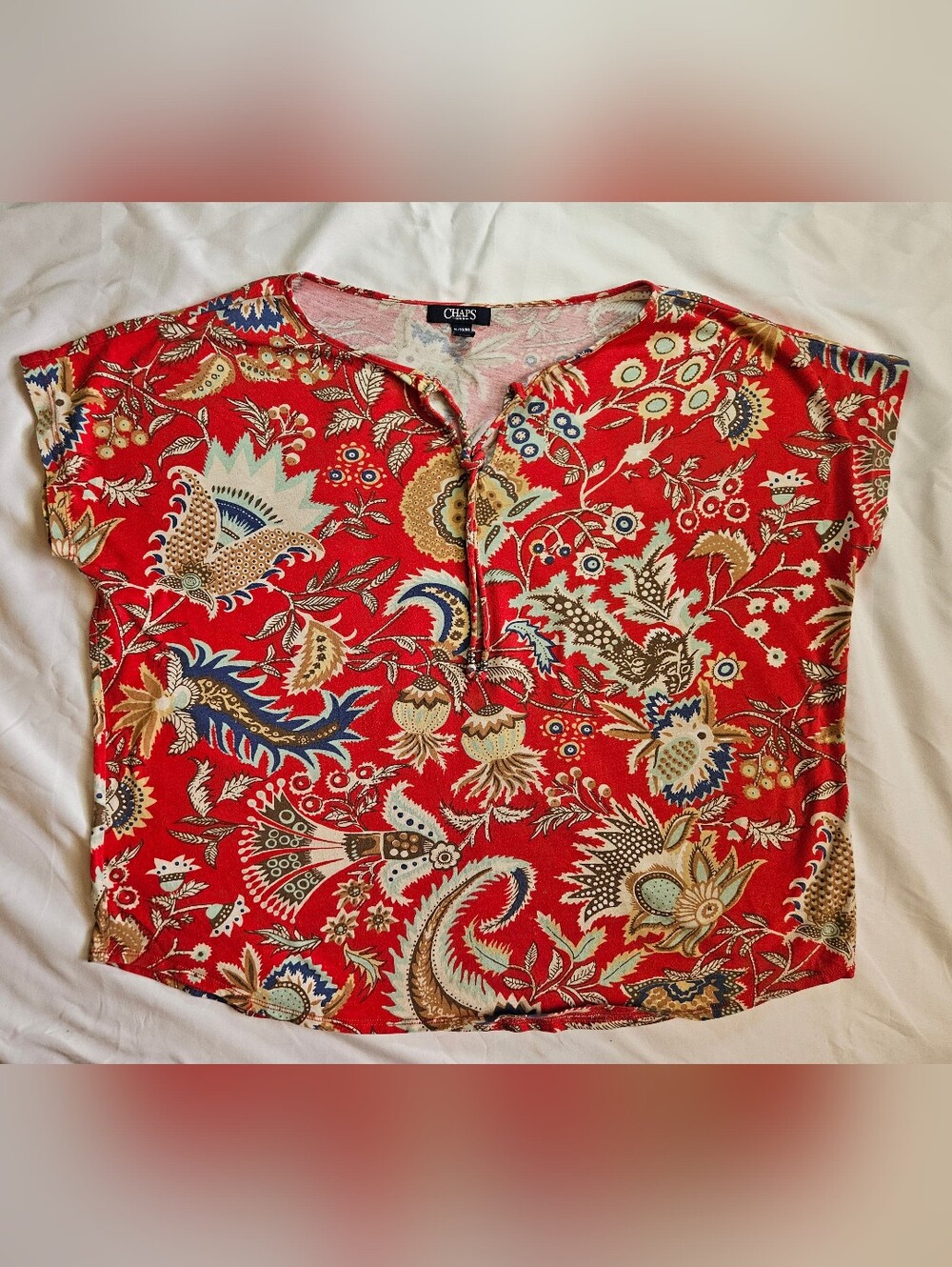 Chaps Denim Womens Red Paisley And Floral Short Sleeve Boxy Fit Top Size XL
